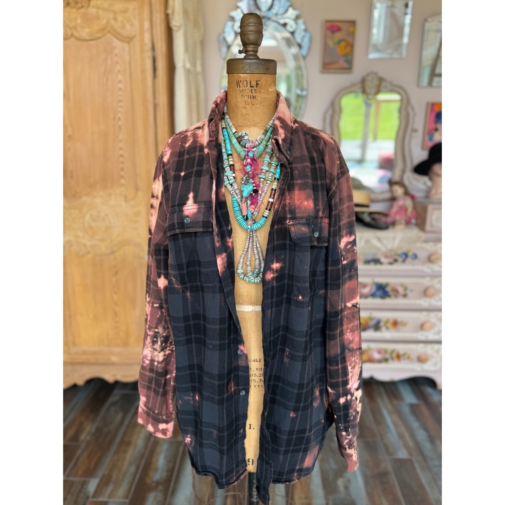 One-of-a-Kind Sacred Heart Mary Bleached Flannel Shirt Wearable Art | Large Tall - Picture 7 of 9